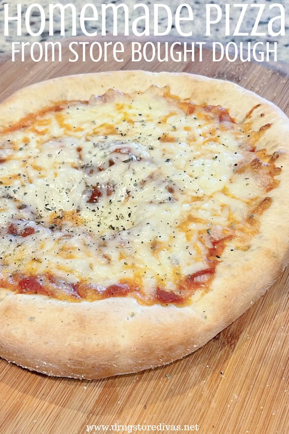 A cheese pizza on a pizza peel with the words 