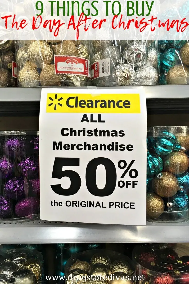 A shelf with Christmas clearance items and teh words 