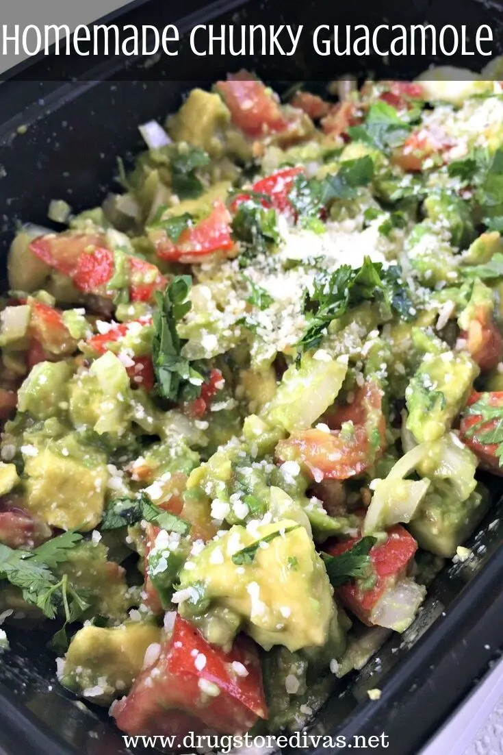 Once you make this Homemade Chunky Guacamole, you'll never go back to blended, store bought guacamole. Get the recipe at www.drugstoredivas.net.