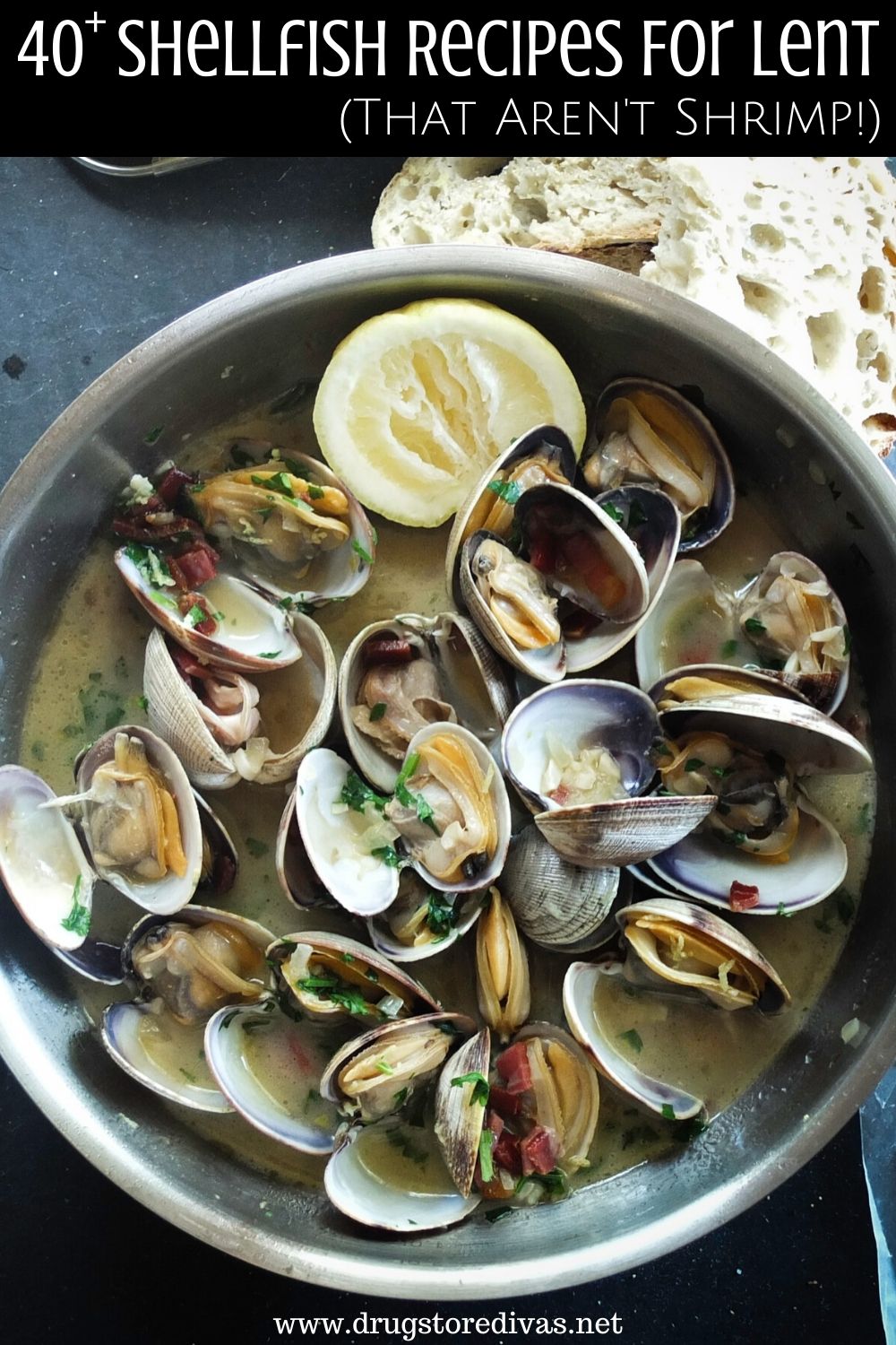 Mussels and lemon in a bowl with the words "40+ Shellfish Recipes For Lent (That Aren't Shrimp!)" digitally written above it.