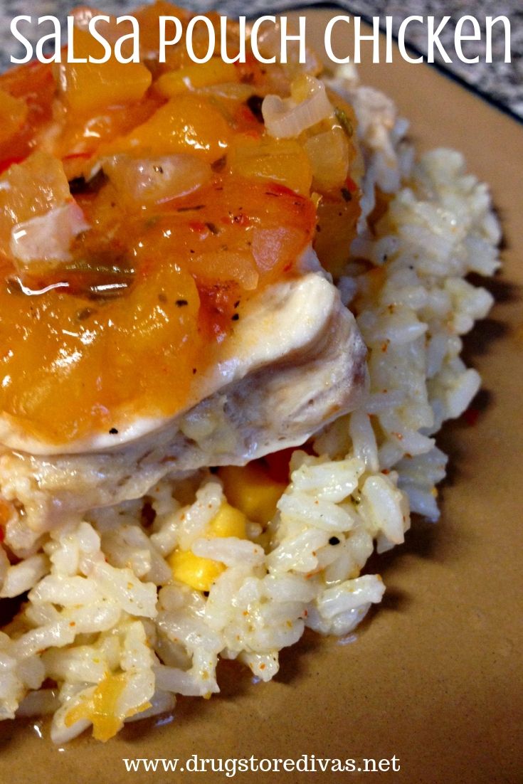 Salsa-topped chicken on a plate of rice with the words "Salsa Pouch Chicken" digitally written above it.