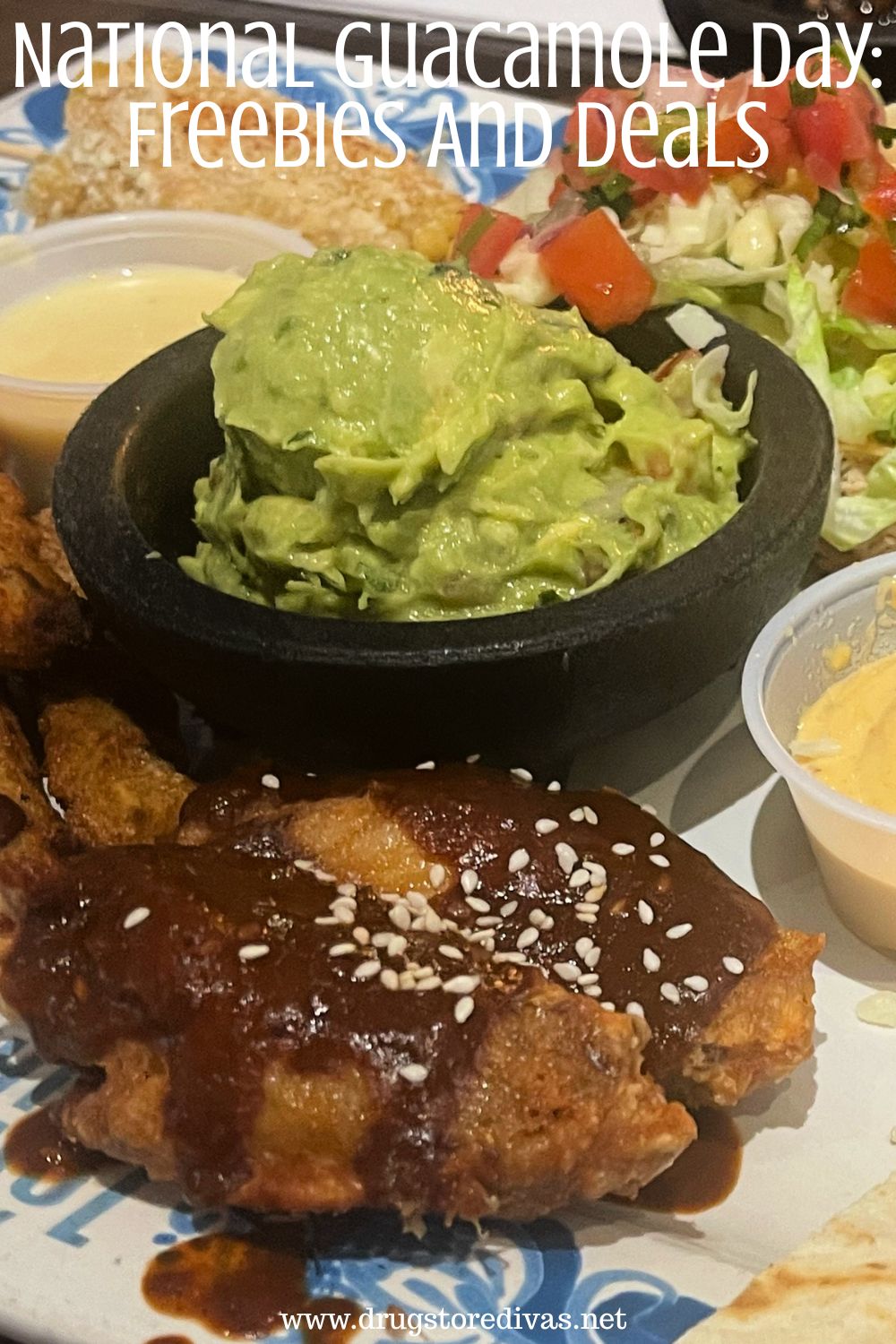 A bowl of guacamole in the center of a platter with chicken wings and other sauces and the words 