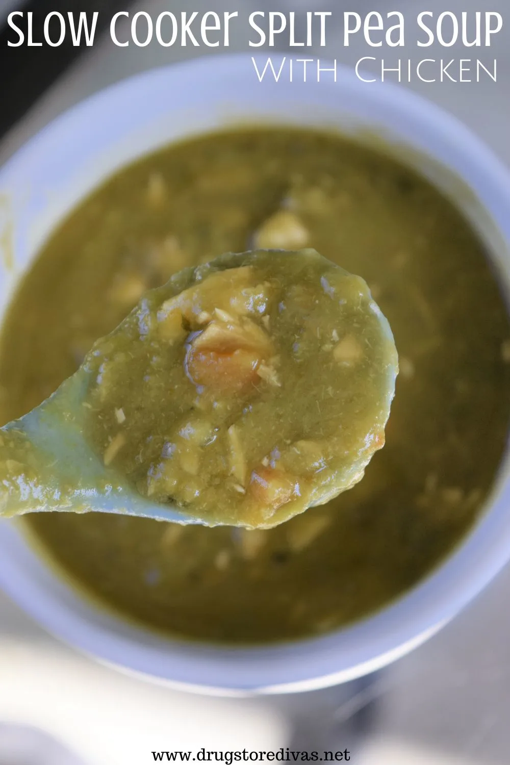 A blue spoon with a spoonful of green soup coming up from a blue bowl with the words 