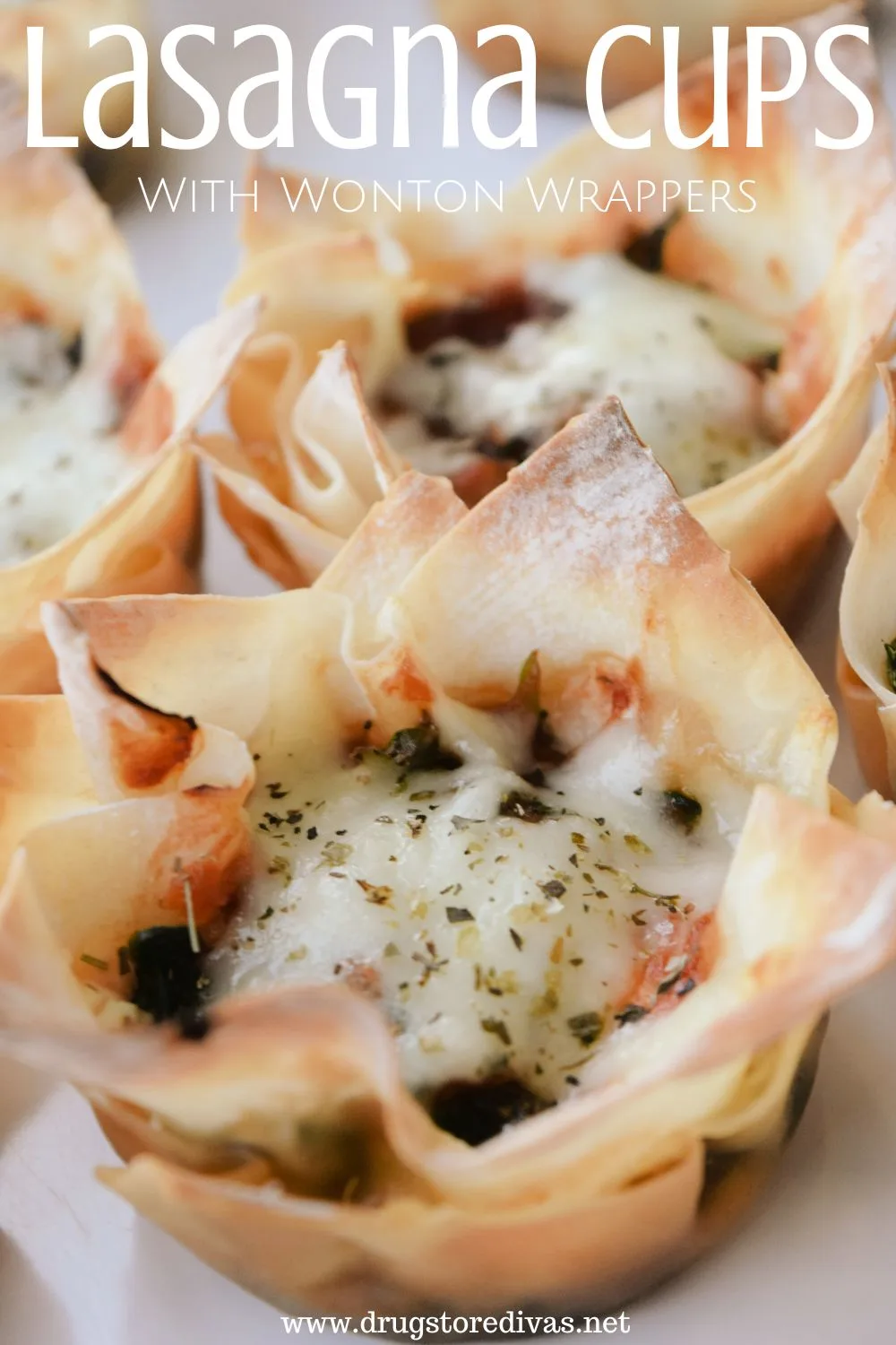 Four mini lasagna cupcakes in wonton wrappers with the words 