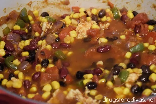 Chicken chili in a Dutch oven.
