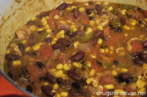 Chicken chili in a Dutch oven.