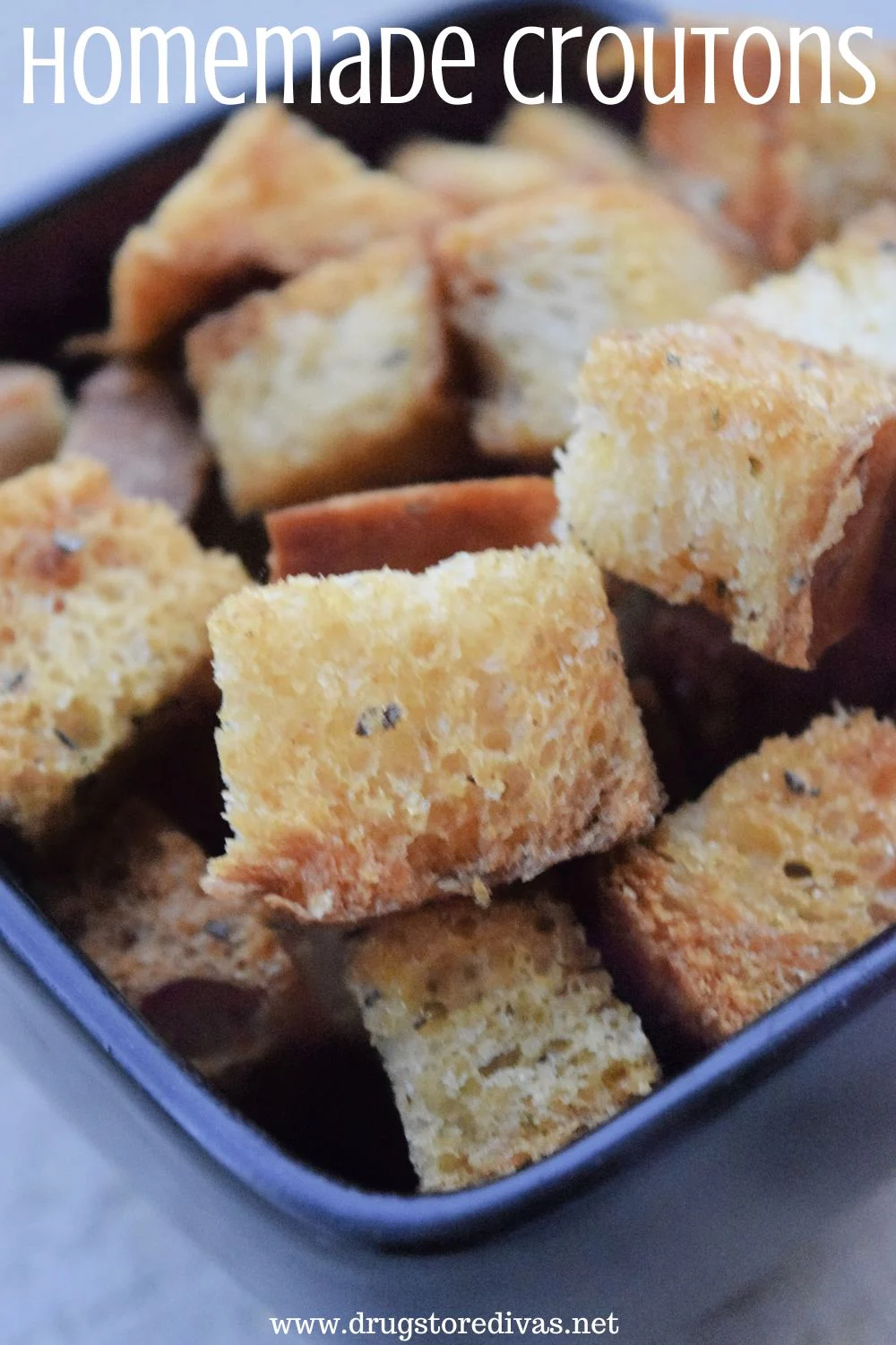 Croutons in a bowl with the words 