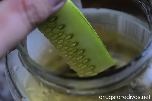 A hand putting a pickle spear into a jar.