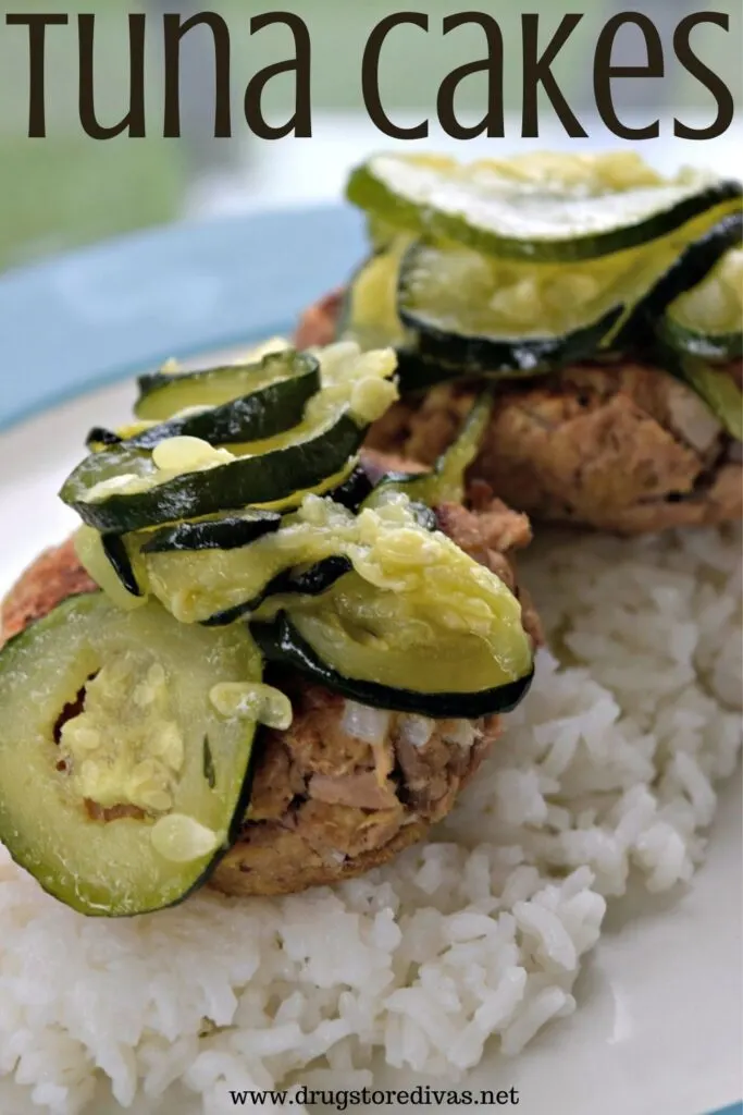 Tuna Cakes on rice with the words "Tuna Cakes" digitally written on top.