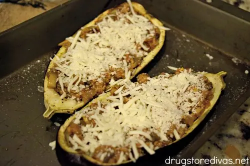 Sausage Stuffed Eggplant is a really warm, filling dinner idea. The eggplant boats are stuffed with sausage, onions, marinara, and more.
