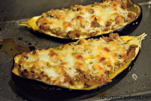 Sausage Stuffed Eggplant is a really warm, filling dinner idea. The eggplant boats are stuffed with sausage, onions, marinara, and more.