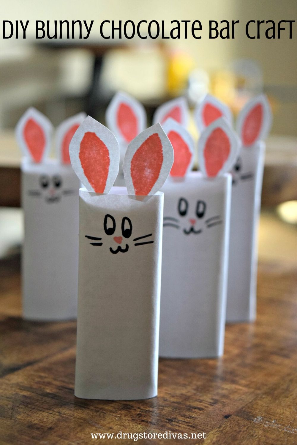 This DIY Bunny Chocolate Bar Craft is the perfect addition to your Easter baskets. Make them with mini or regular-sized chocolate bars. Find out how on www.drugstoredivas.net.