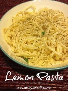 Pasta in a bowl with the words "Lemon Pasta" digitally written under it.