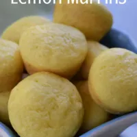 Lemon muffins in a bowl with the words 