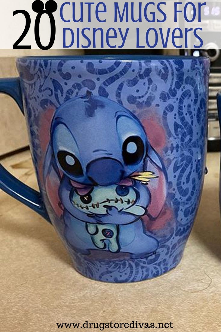 A Disney mug from the movie Lilo & Stitch on a counter with the words "20 Cute Mugs For Disney Lovers" digitally written on top.