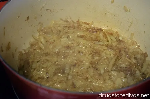 Caramelized onions in a Dutch oven. 