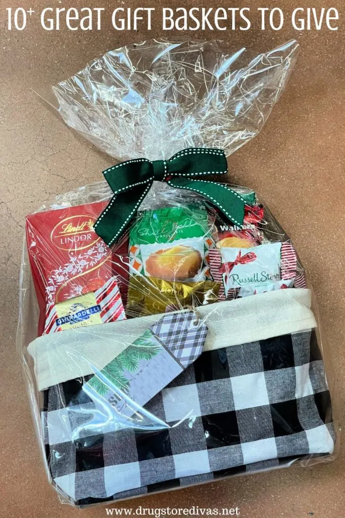 A wrapped gift basket with the words "10+ Great Gift Baskets To Gift" digitally written on top.