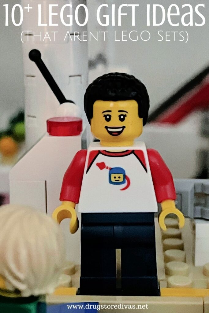 LEGO figure on a playset with the words "10+ LEGO Gift Ideas That Aren't LEGO Sets" digitally written above it.