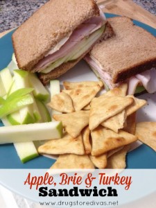 A sandwich, apple pieces, and pita chips on a plate with the words "Apple, Brie & Turkey Sandwich" digitally written below it.