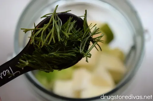 Fresh dill in a measuring spoon above a blender cup.