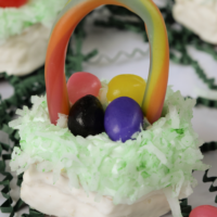 Three cakes decorated to look like Easter baskets with the words 