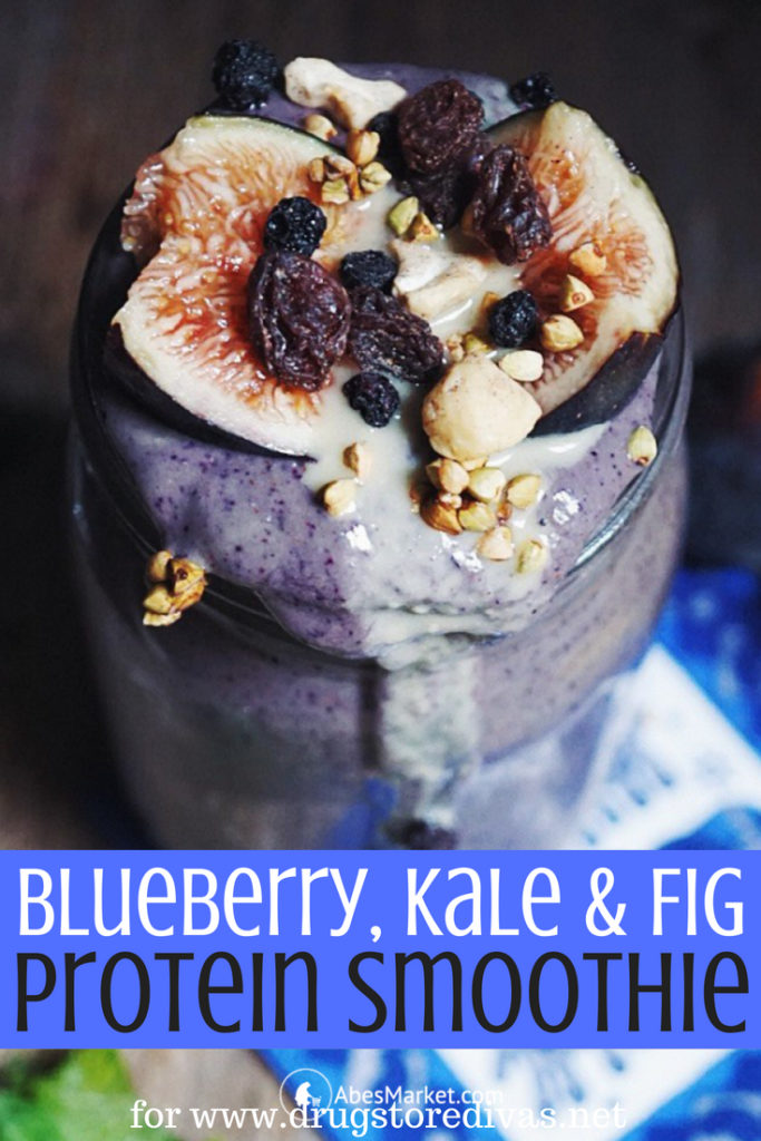 A purple smoothie with nuts and fruit on top with the words "Blueberry, Kale, and Fig Protein Smoothie" digitally written below it.