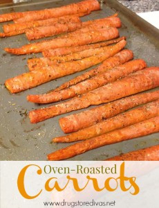 Carrots on a sheet pan with the words "Oven-Roasted Carrots" digitally written below it.