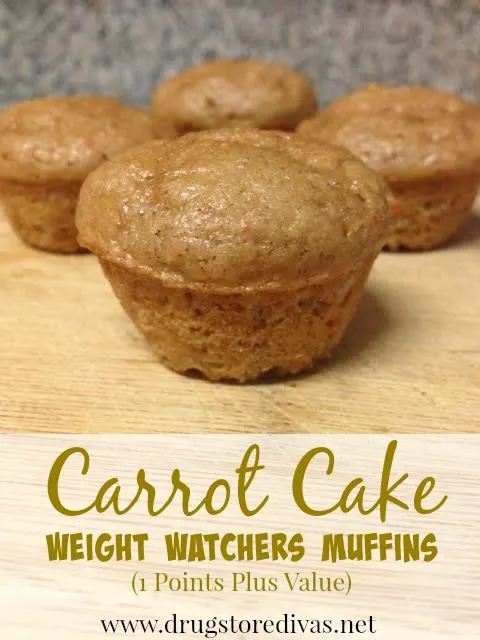 These Carrot Cake Weight Watchers Muffins are perfect when you're dieting. They're only 1 Points Plus Value or 2 Smart Points. Get the recipe at www.drugstoredivas.net. Carrot Cake Muffins with the words "Carrot Cake Weight Watchers Muffins (1 Points Plus Value)" digitally written on the bottom.