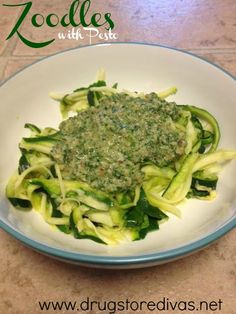 Zoodles and pesto in a bowl.