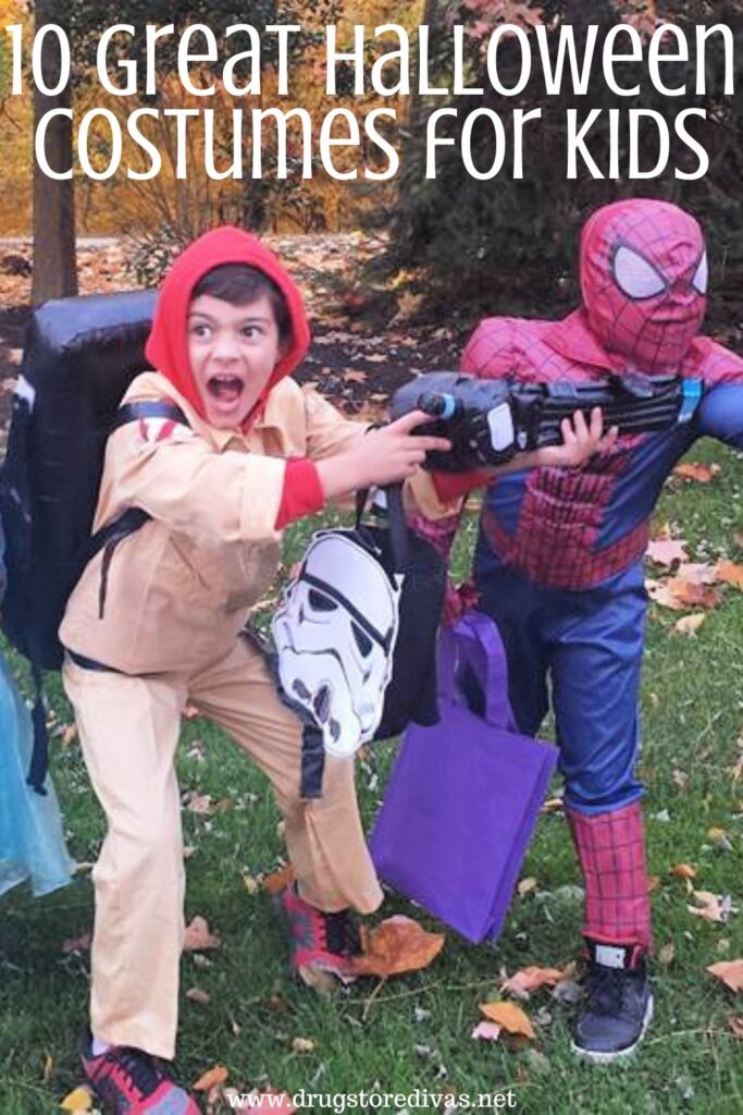 Two children dressed up for Halloween, one as a ghostbuster and one as Spiderman, with the words "10 Great Halloween Costumes For Kids" digitally written on top.