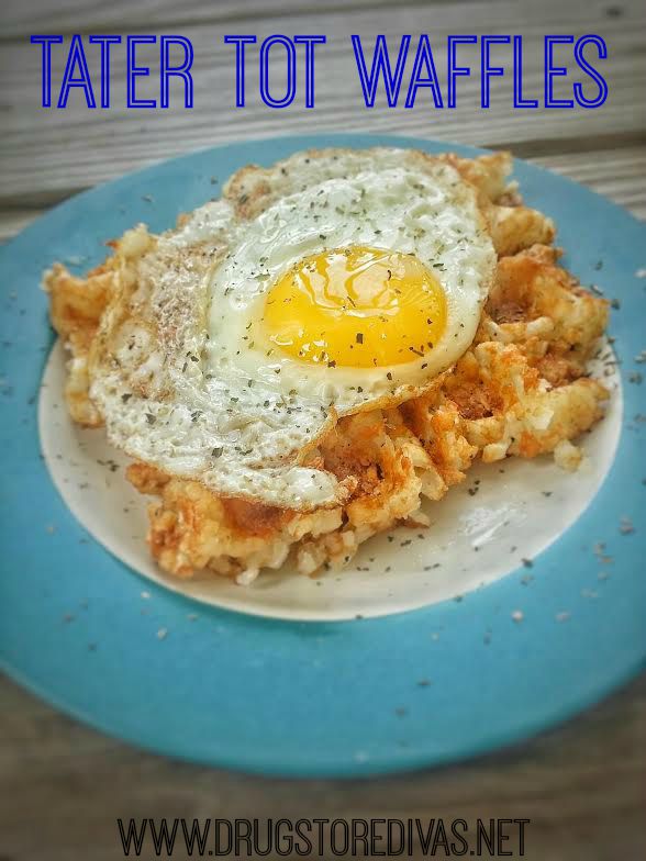 A tater tot waffle and fried egg on a plate with the words "Tater Tot Waffles" on top.