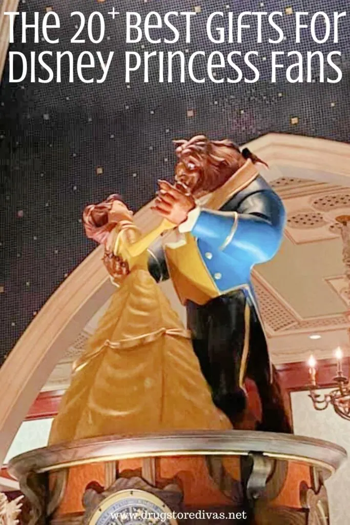 Ceramic figurines of Belle and The Beast from Beauty and the Beast dancing with the words "The 20+ Best Gifts For Disney Princess Fans" digitally written above them.