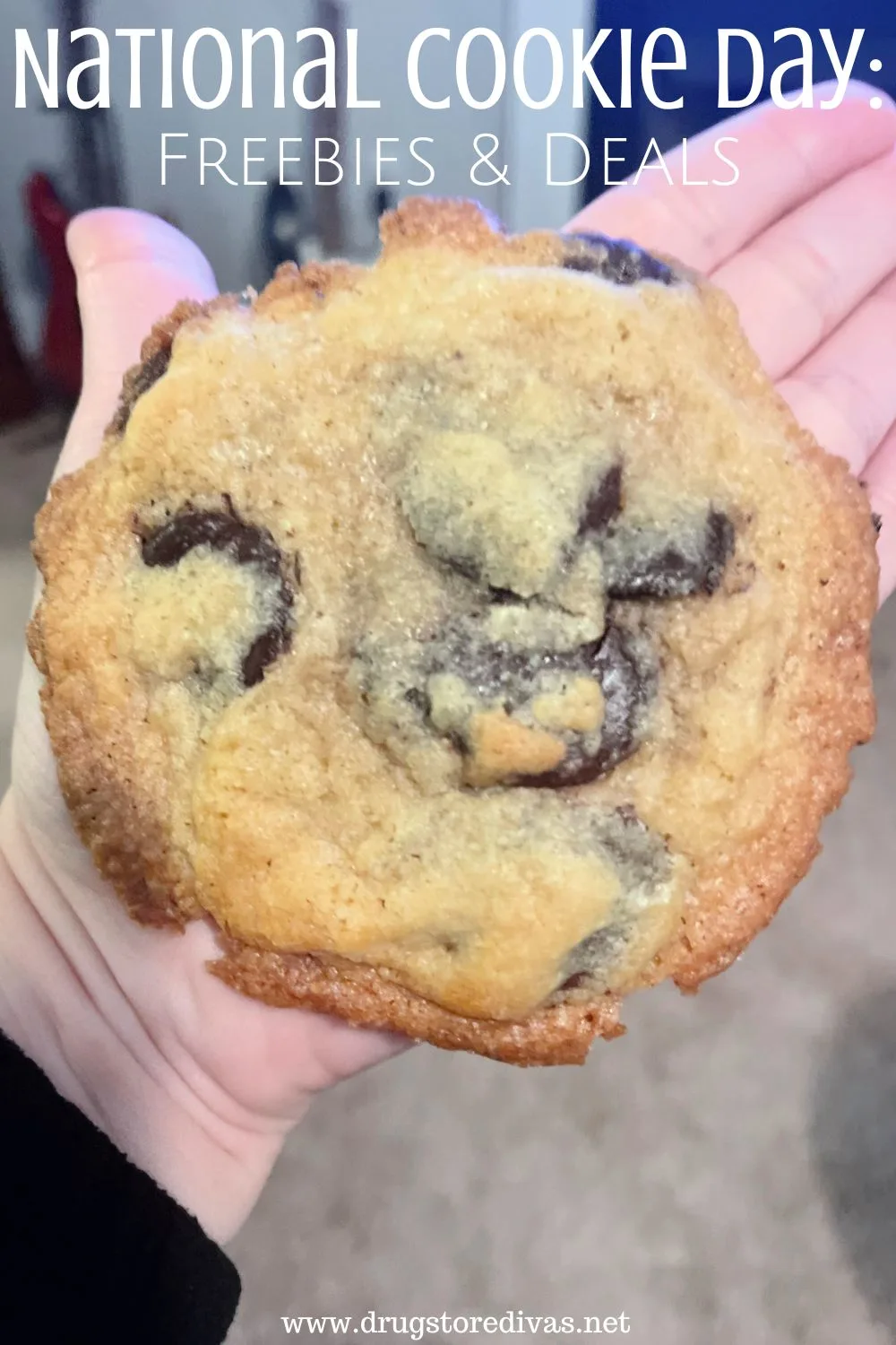 A hand holding a fresh baked cookie with the words 