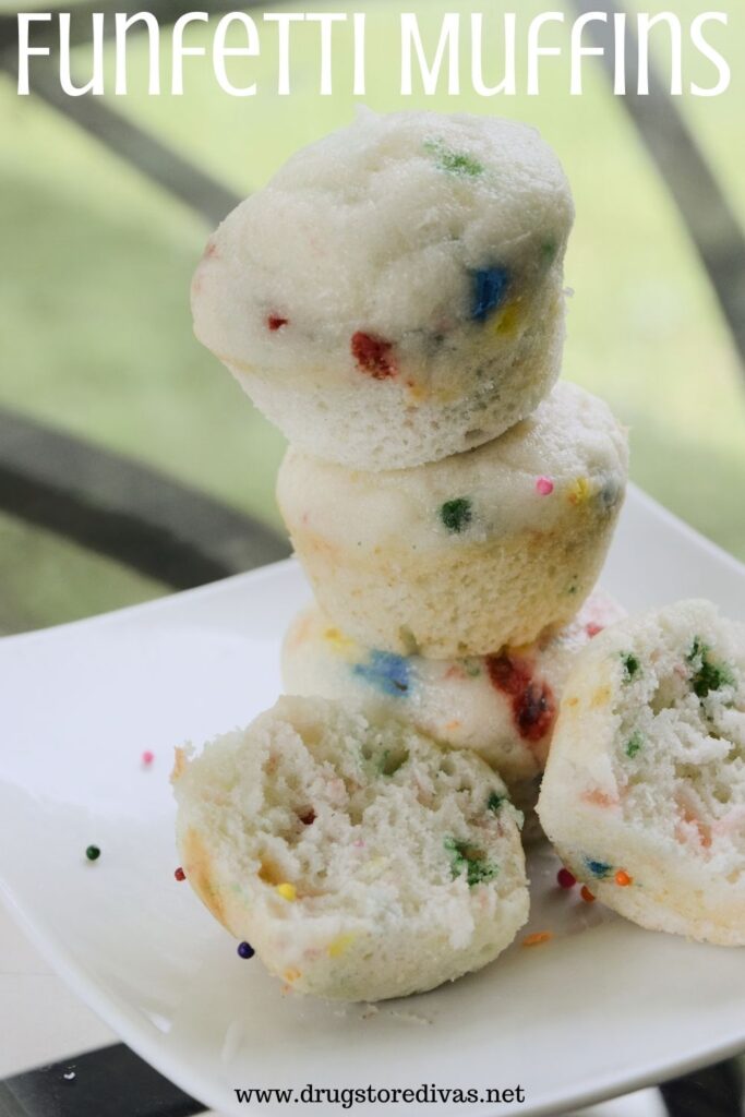 Funfetti muffins piled on a plate with the words "Funfetti Muffins" digitally written above it.