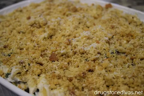 Breadcrumbs on top of a casserole in a pan.