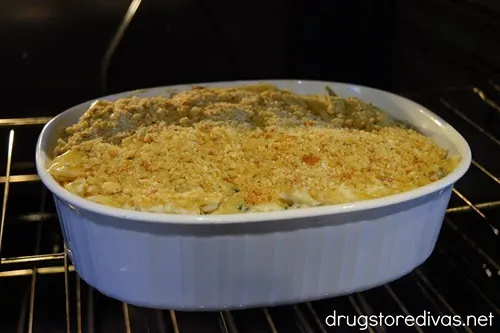 A casserole pan with food in it in the oven.