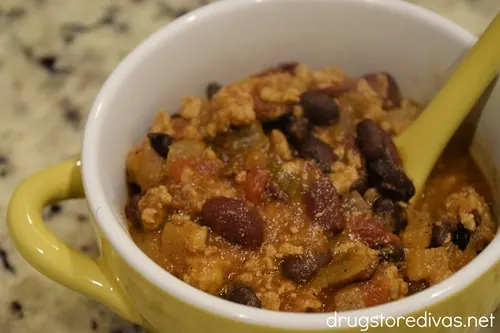 Turkey chili in a yellow bowl.