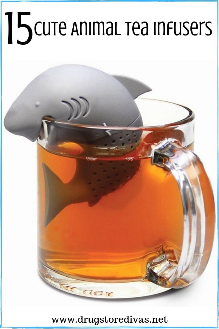 Shark Tea Infuser in a glass with the words "15 Cute Animal Tea Infusers" digitally written on top.