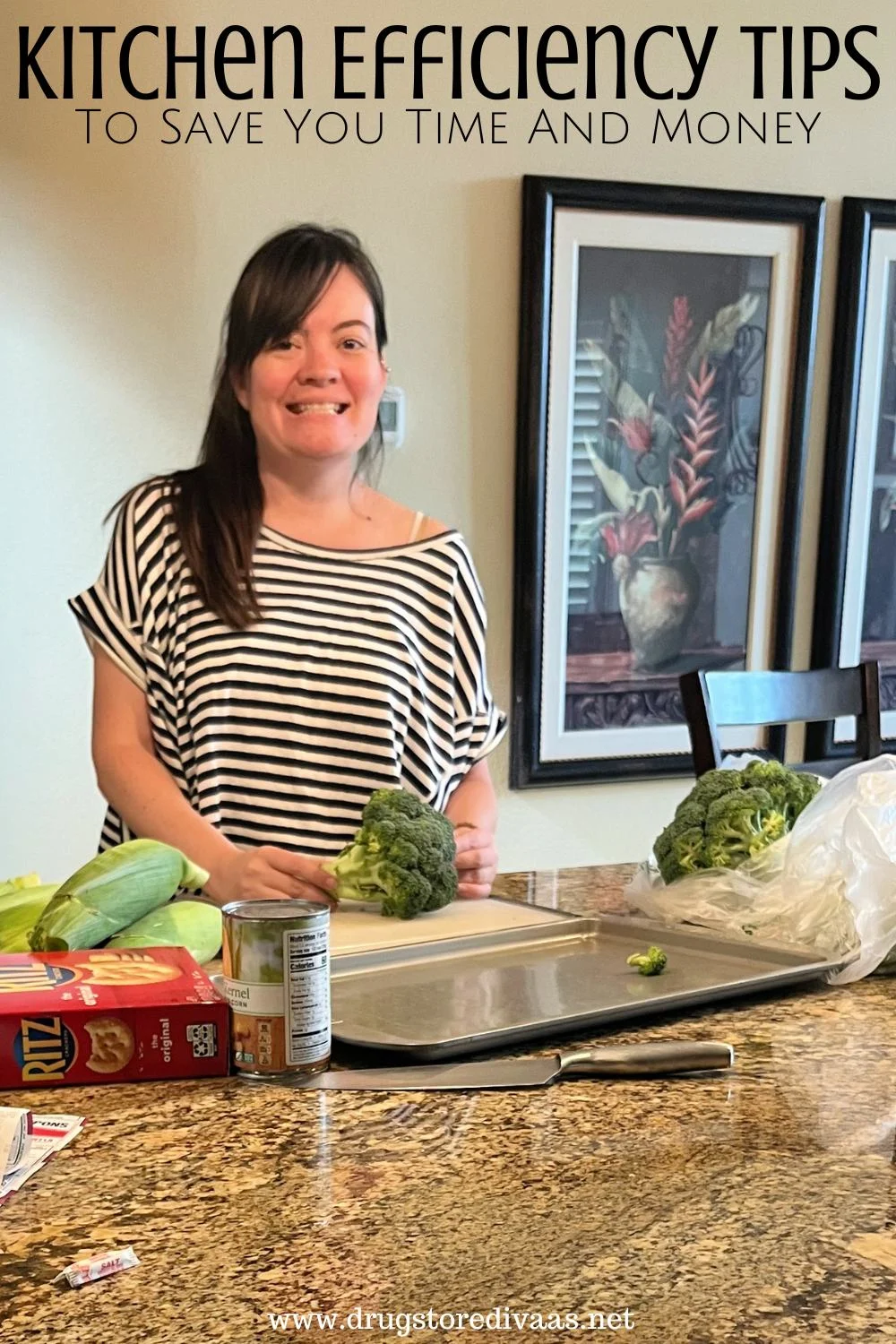 A woman standing at a kitchen island about to cut broccoli with the words 