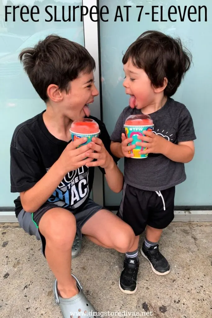 Two boys drinking Slurpees with the words "Free Slurpee at 7-Eleven" digitally written above them.