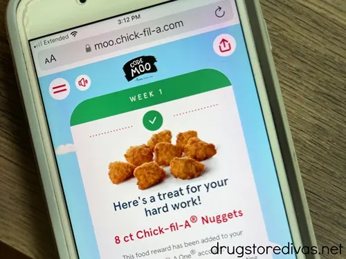 A prize of free chicken nuggets showing on a phone via the Chick-fil-A mobile app.