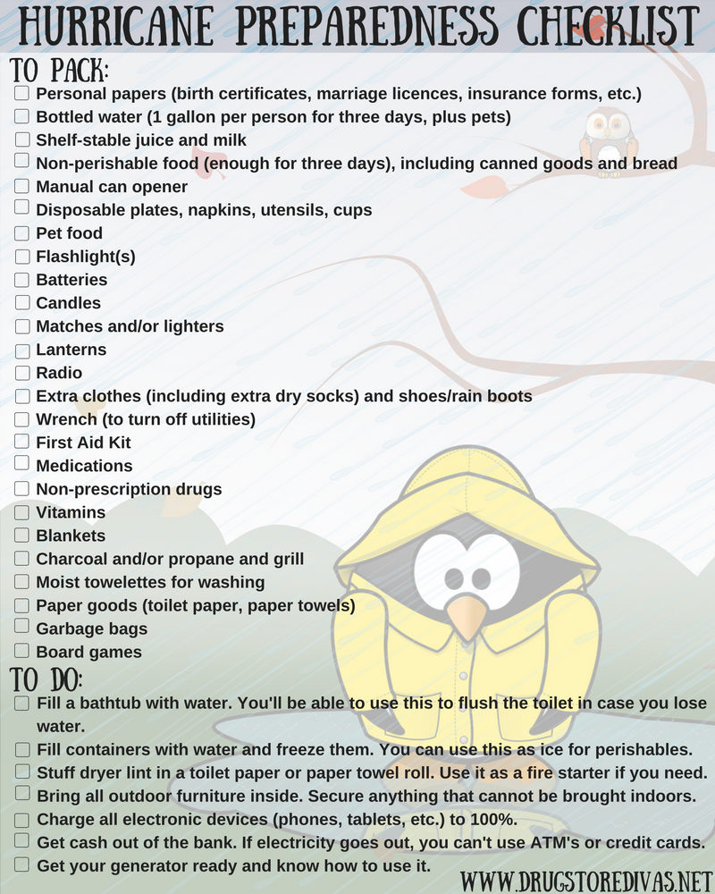 Are you in the path of a hurricane? Get prepared with this Hurricane Preparedness Checklist from www.drugstoredivas.net.