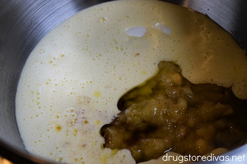 Banana bread wet ingredients in a bowl.