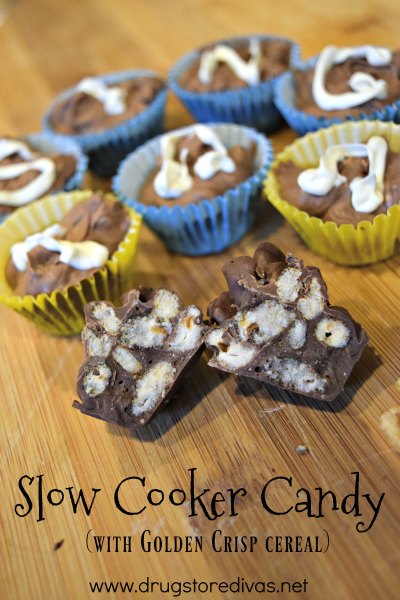 Slow Cooker Candy pieces in yellow and blue mini cupcake wrappers, with a candy in front, and the words "Slow Cooker Candy (with Golden Crisp Cereal)" digitally written on top.