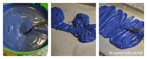 Three photos in a collage. One is melted blue candy melts in a bowl, one is the melted blue candy melts poured on to a tray, and the last is the melted blue candy melts being spread with an icing knife.