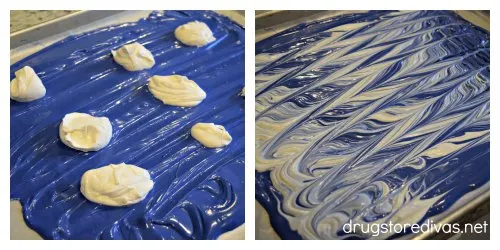 Two photos in a collage. One is melted blue candy melts spread on a tray with dollops of white candy melts in it, the second is the two colors swirled together.