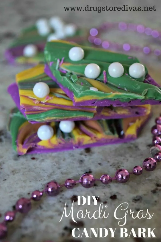 Need to bring a dish to a Mardi Gras party? Try this DIY Mardi Gras Candy Bark from www.drugstoredivas.net.