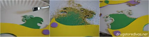 A collage of three steps making a Mardi Gras mask.