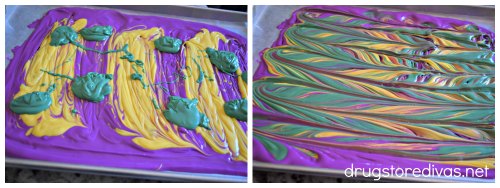 Melted green, yellow, and purple candy melts in a pan.