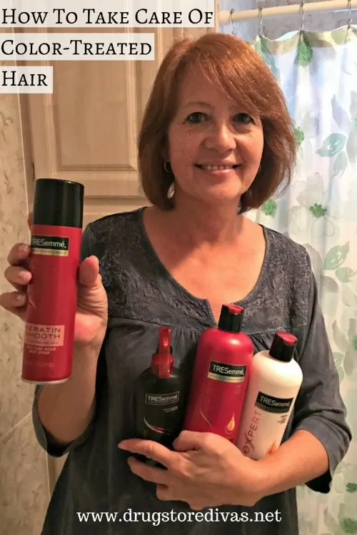 A woman holding a bunch of hair care products with the words "How To Take Care of Color Treated Hair" digitally written above her.